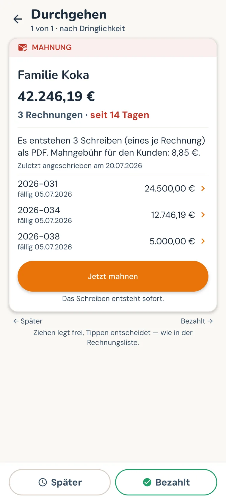 Kaepsi-App: offene Forderungen mit vorbereitetem Mahnschreiben