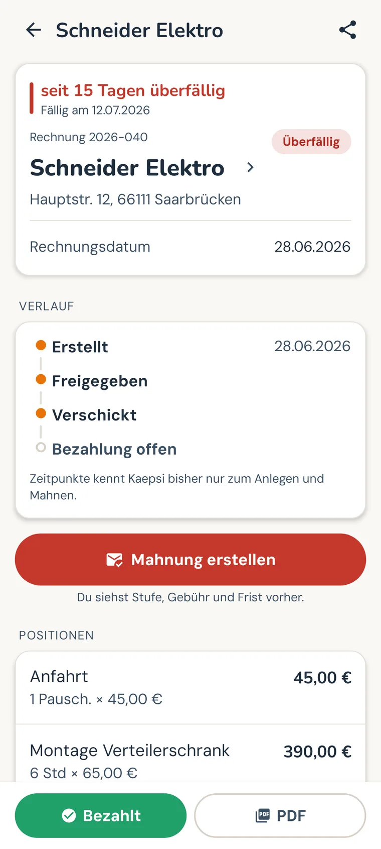 Kaepsi-App: fertige Rechnung mit allen Pflichtangaben
